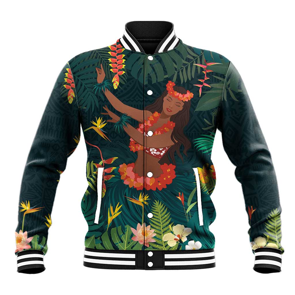 Hawaii Hula Girl Vintage Baseball Jacket Tropical Forest