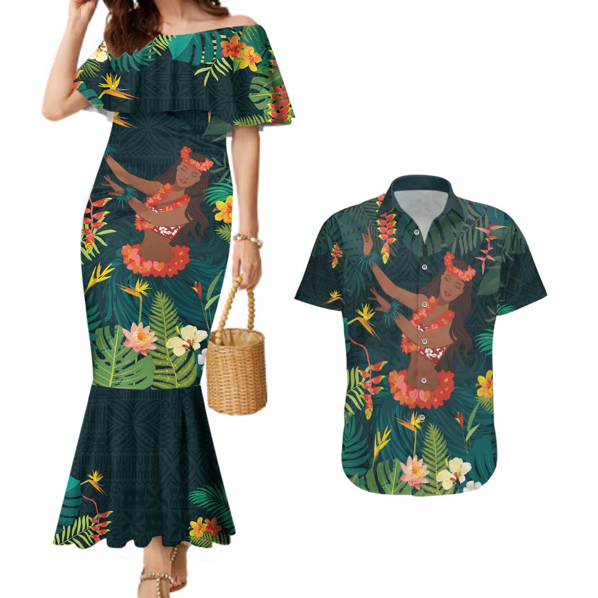 Hawaii Hula Girl Vintage Couples Matching Mermaid Dress and Hawaiian Shirt Tropical Forest LT7 Colorful - Polynesian Pride