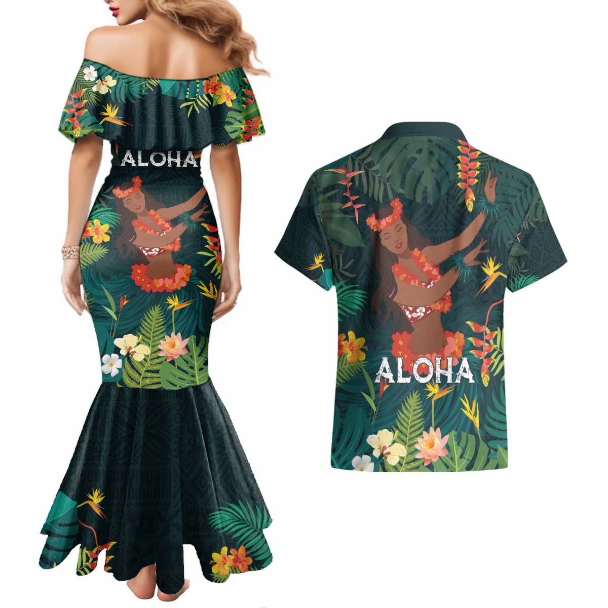 Hawaii Hula Girl Vintage Couples Matching Mermaid Dress and Hawaiian Shirt Tropical Forest LT7 - Polynesian Pride