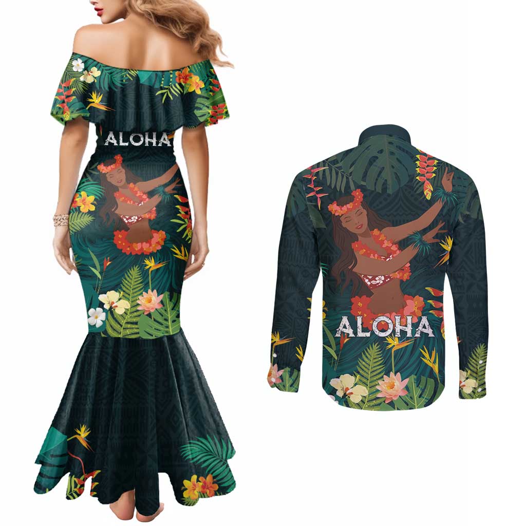 Hawaii Hula Girl Vintage Couples Matching Mermaid Dress and Long Sleeve Button Shirt Tropical Forest LT7 - Polynesian Pride