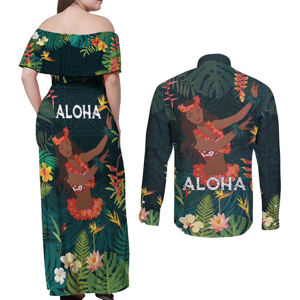 Hawaii Hula Girl Vintage Couples Matching Off Shoulder Maxi Dress and Long Sleeve Button Shirt Tropical Forest LT7 - Polynesian Pride