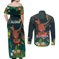 Hawaii Hula Girl Vintage Couples Matching Off Shoulder Maxi Dress and Long Sleeve Button Shirt Tropical Forest LT7 - Polynesian Pride