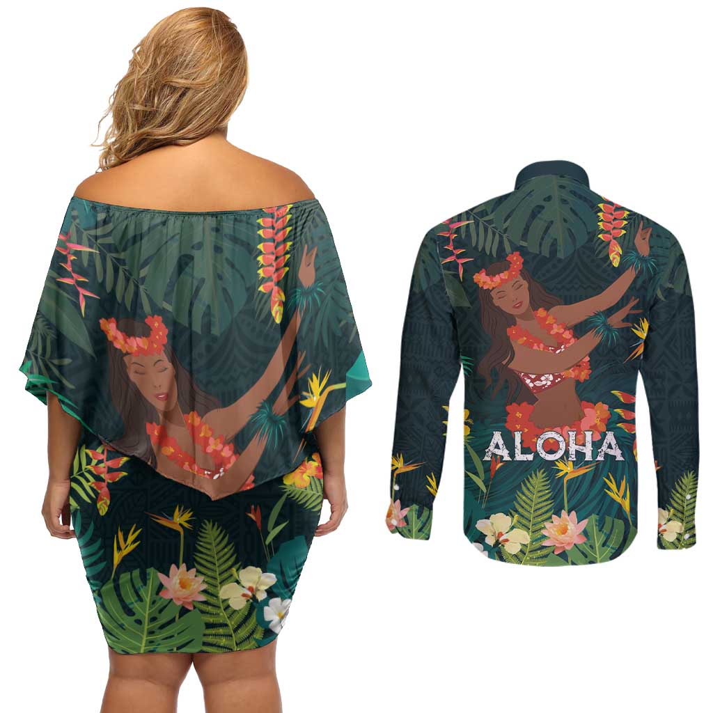 Hawaii Hula Girl Vintage Couples Matching Off Shoulder Short Dress and Long Sleeve Button Shirt Tropical Forest LT7 - Polynesian Pride