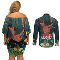 Hawaii Hula Girl Vintage Couples Matching Off Shoulder Short Dress and Long Sleeve Button Shirt Tropical Forest LT7 - Polynesian Pride