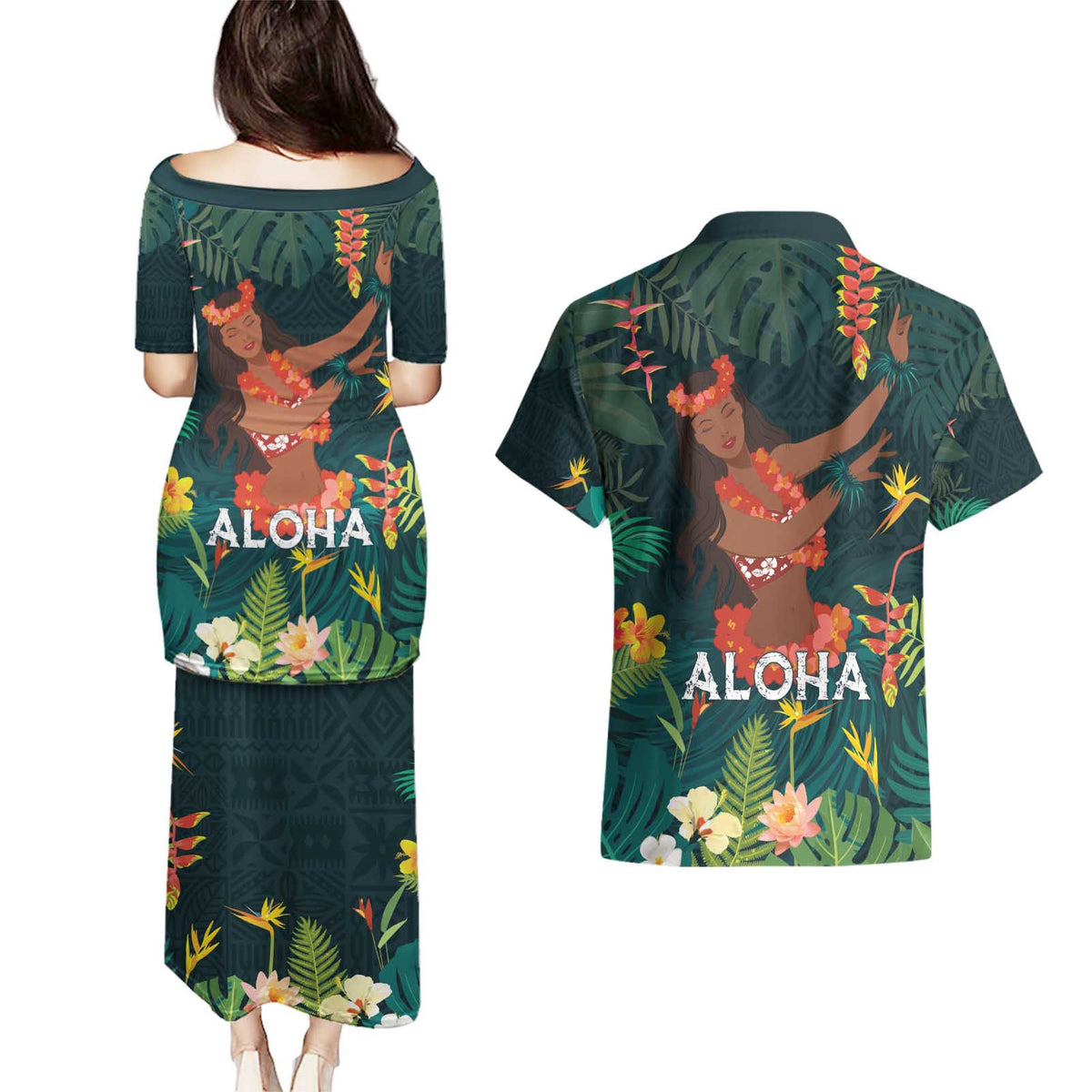Hawaii Hula Girl Vintage Couples Matching Puletasi and Hawaiian Shirt Tropical Forest LT7 - Polynesian Pride