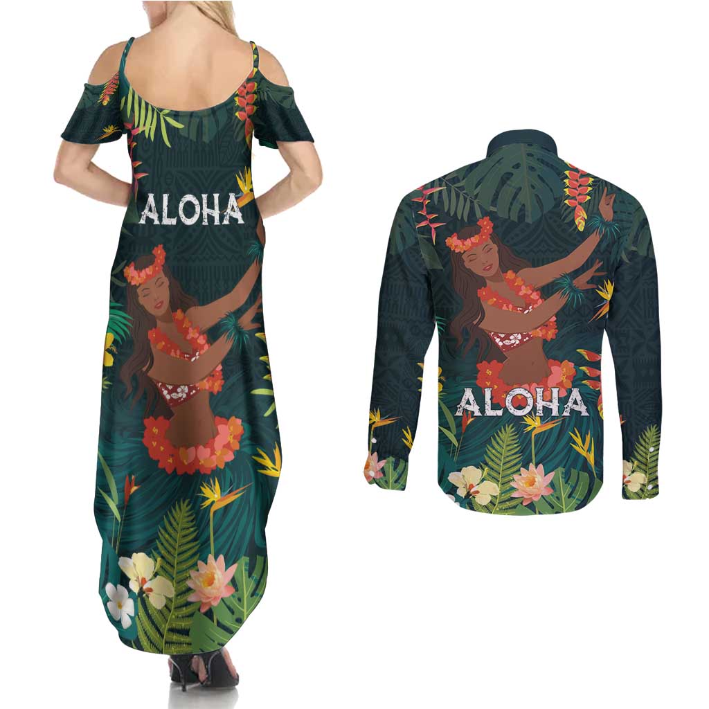 Hawaii Hula Girl Vintage Couples Matching Summer Maxi Dress and Long Sleeve Button Shirt Tropical Forest LT7 - Polynesian Pride