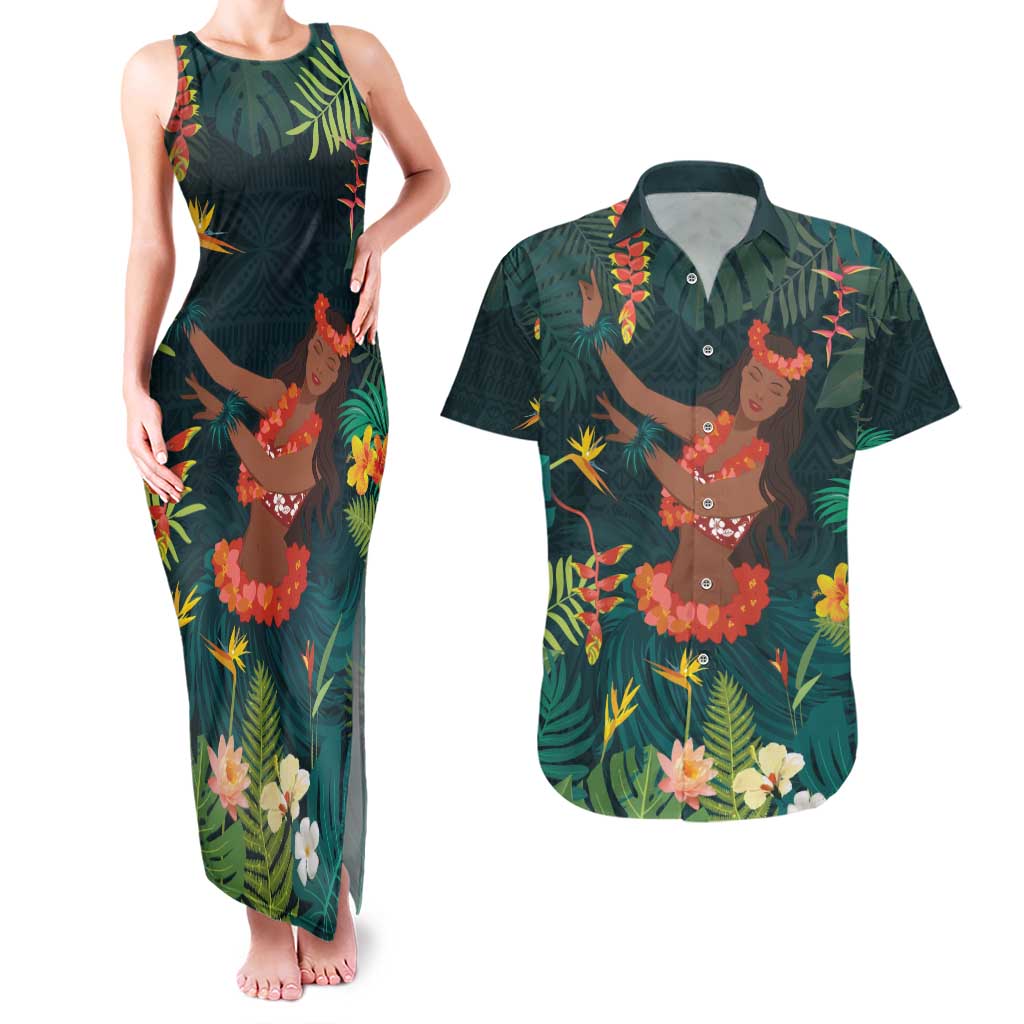 Hawaii Hula Girl Vintage Couples Matching Tank Maxi Dress and Hawaiian Shirt Tropical Forest LT7 Colorful - Polynesian Pride