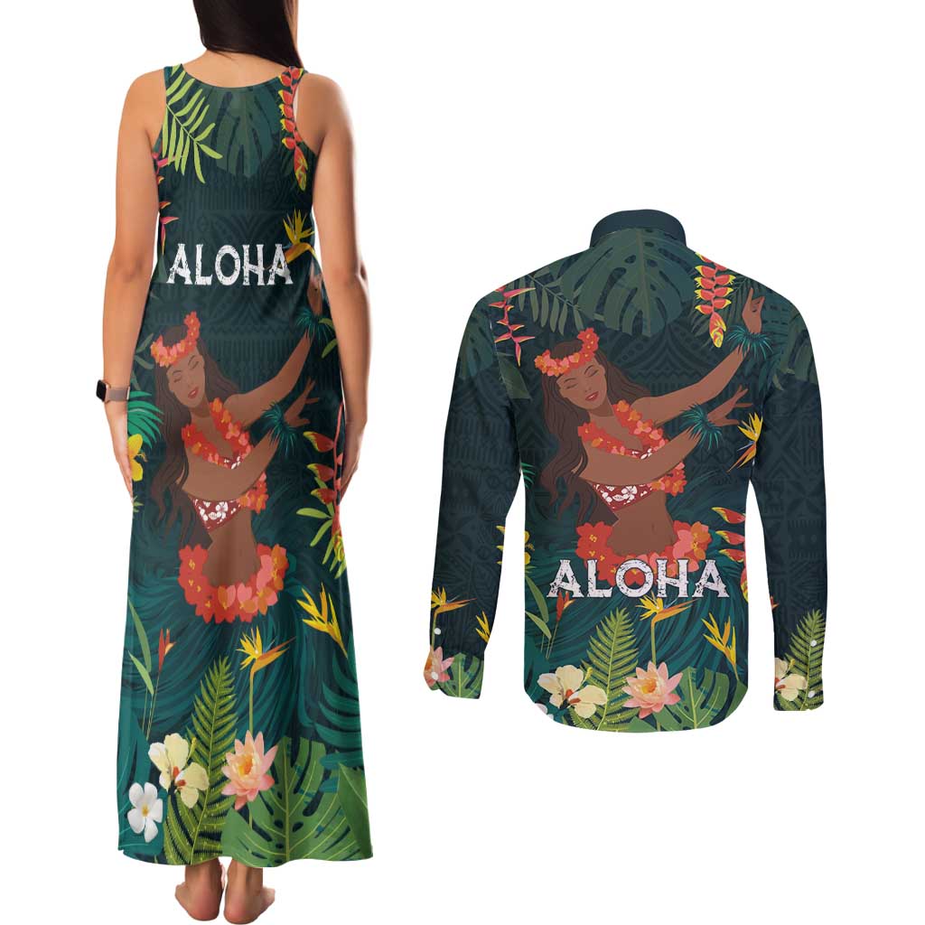 Hawaii Hula Girl Vintage Couples Matching Tank Maxi Dress and Long Sleeve Button Shirt Tropical Forest LT7 - Polynesian Pride