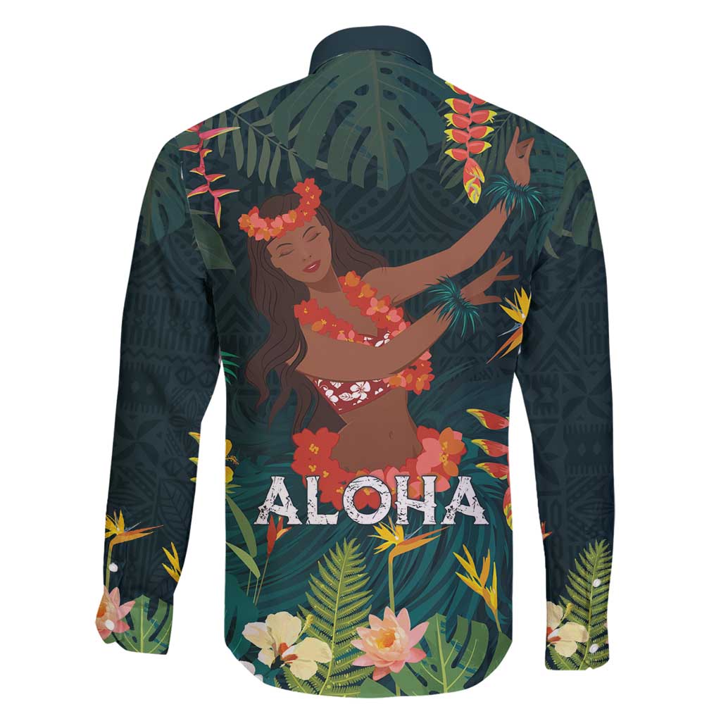 Hawaii Hula Girl Vintage Family Matching Long Sleeve Bodycon Dress and Hawaiian Shirt Tropical Forest