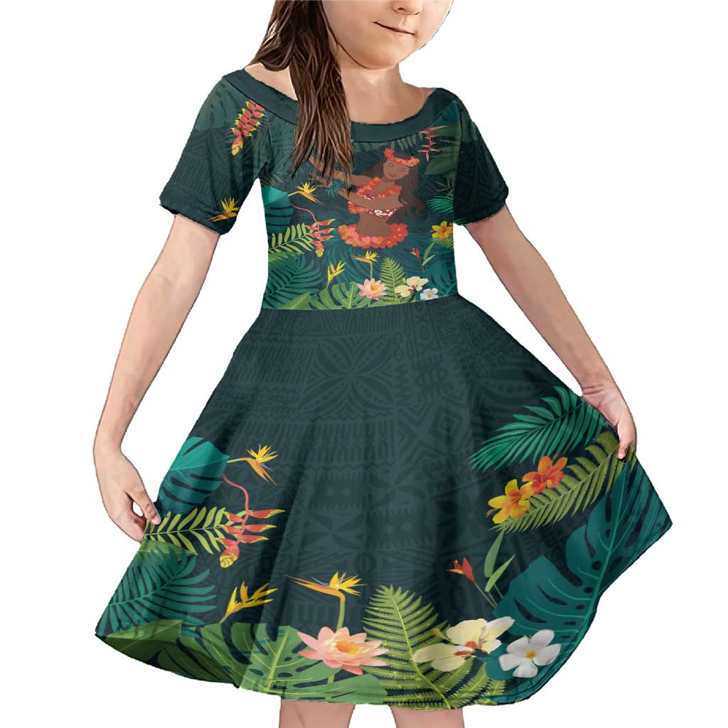 Hawaii Hula Girl Vintage Family Matching Mermaid Dress and Hawaiian Shirt Tropical Forest LT7 Daughter's Dress Colorful - Polynesian Pride