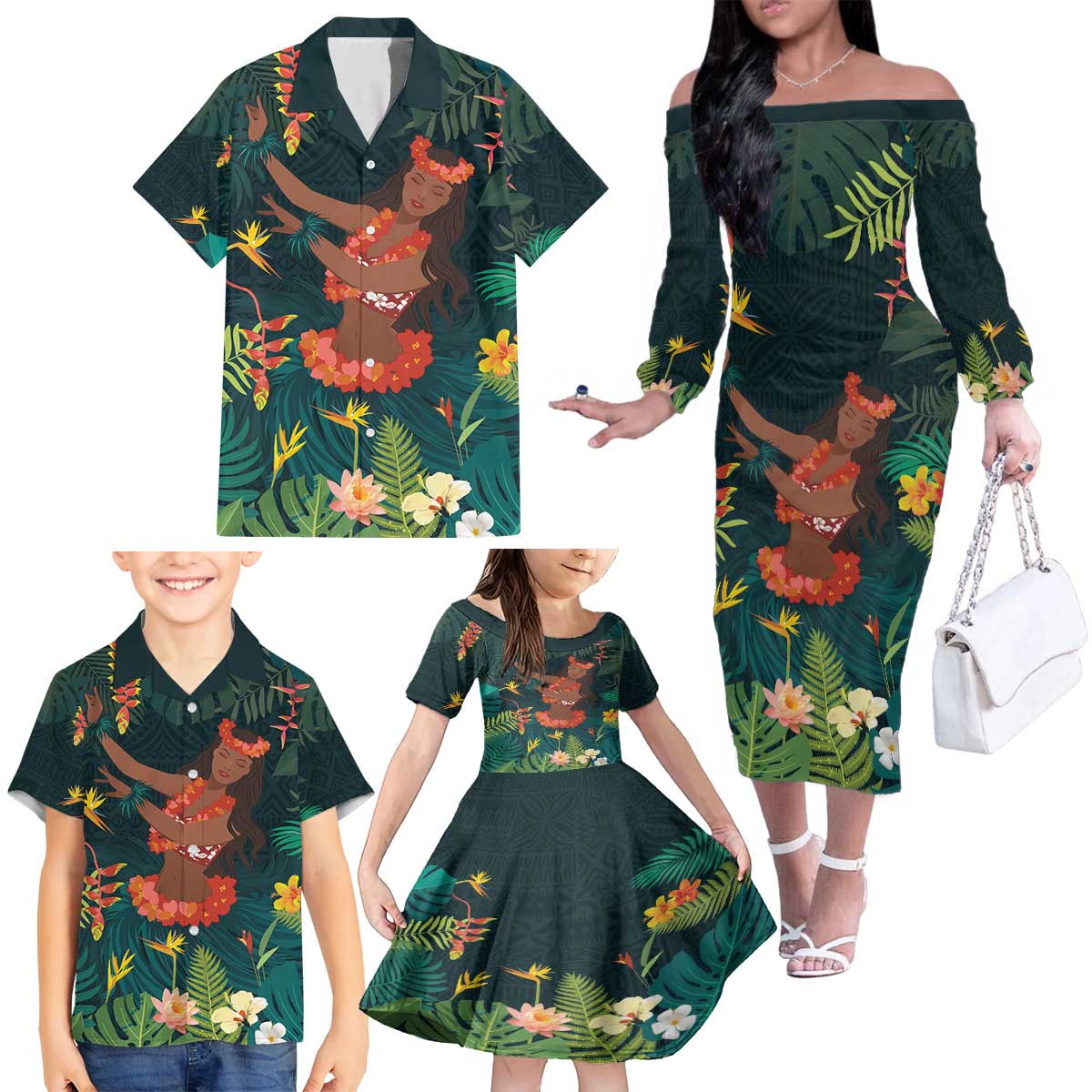 Hawaii Hula Girl Vintage Family Matching Off The Shoulder Long Sleeve Dress and Hawaiian Shirt Tropical Forest LT7 - Polynesian Pride