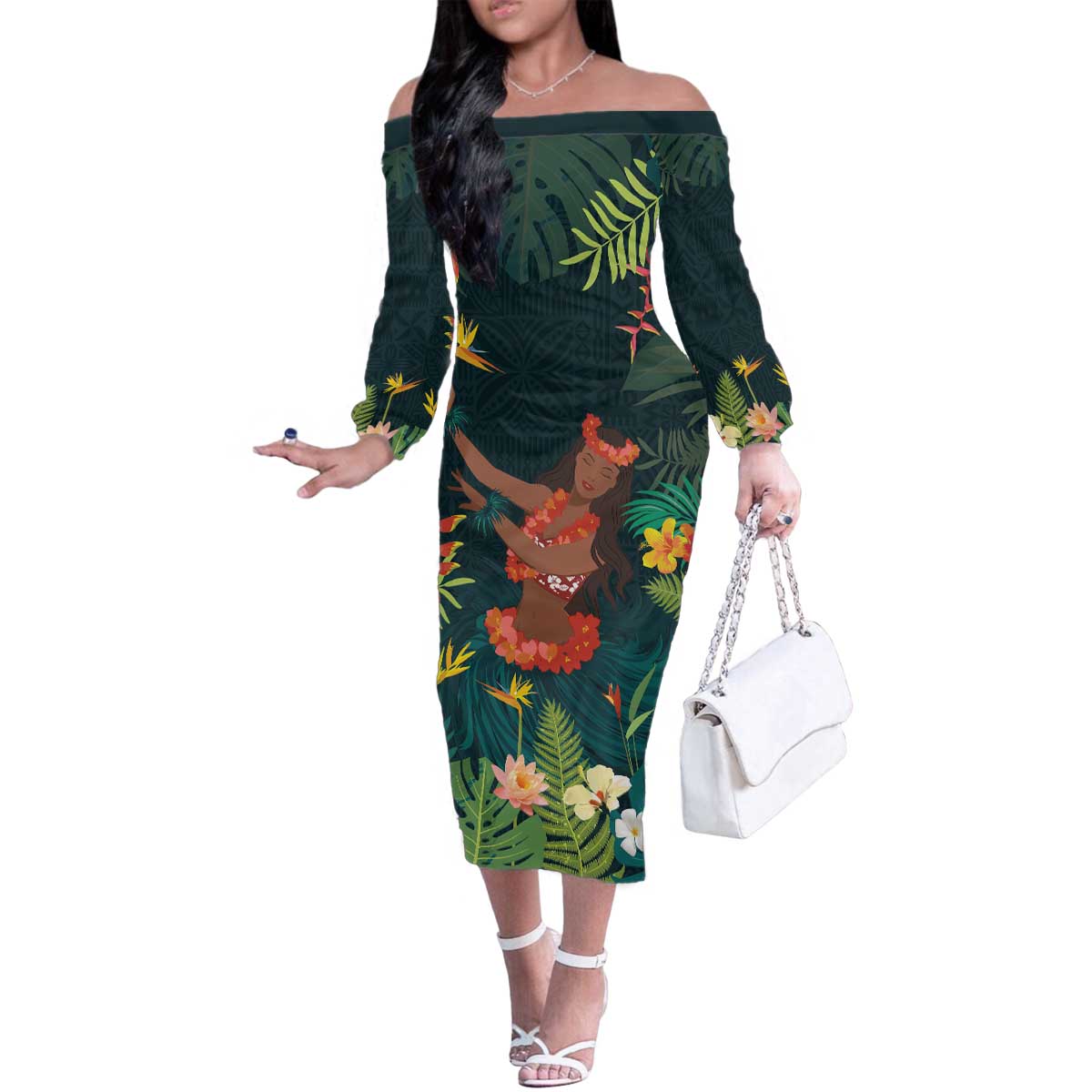 Hawaii Hula Girl Vintage Family Matching Off The Shoulder Long Sleeve Dress and Hawaiian Shirt Tropical Forest LT7 Mom's Dress Colorful - Polynesian Pride