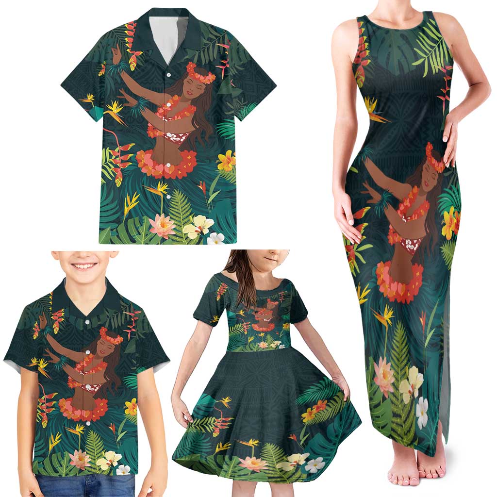 Hawaii Hula Girl Vintage Family Matching Tank Maxi Dress and Hawaiian Shirt Tropical Forest LT7 - Polynesian Pride