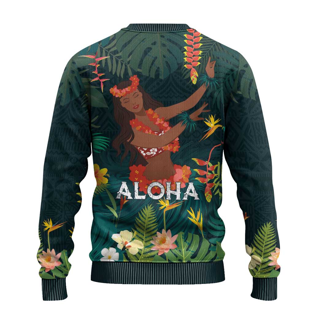 Hawaii Hula Girl Vintage Ugly Christmas Sweater Tropical Forest