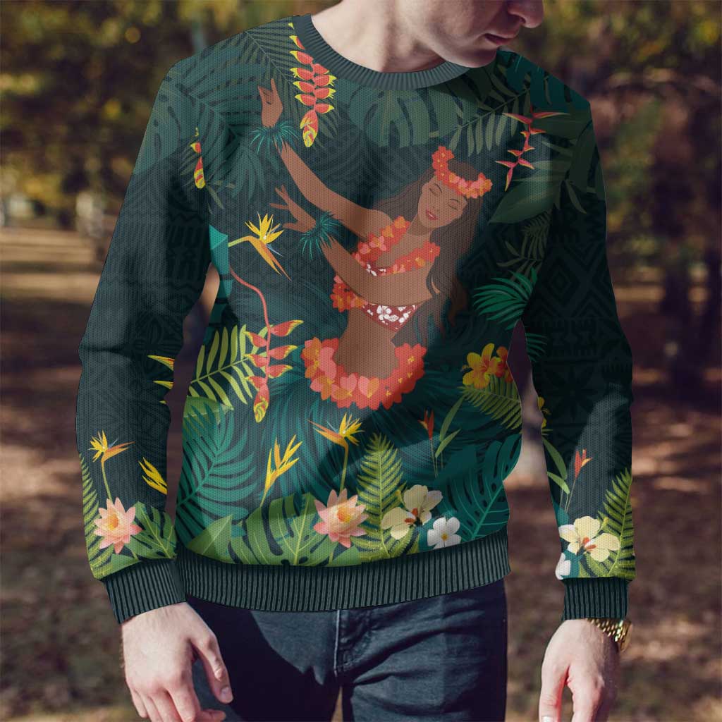 Hawaii Hula Girl Vintage Ugly Christmas Sweater Tropical Forest