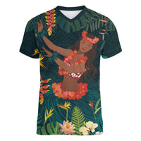 Hawaii Hula Girl Vintage Women V-Neck T-Shirt Tropical Forest