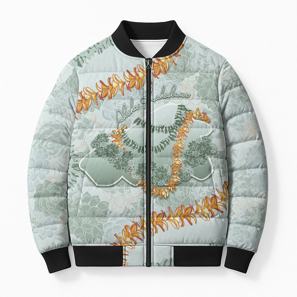 Hawaii Kaho'olawe Island Flowers Lei Bomber Puffer Jacket Silver Hinahina Kū Kahakai