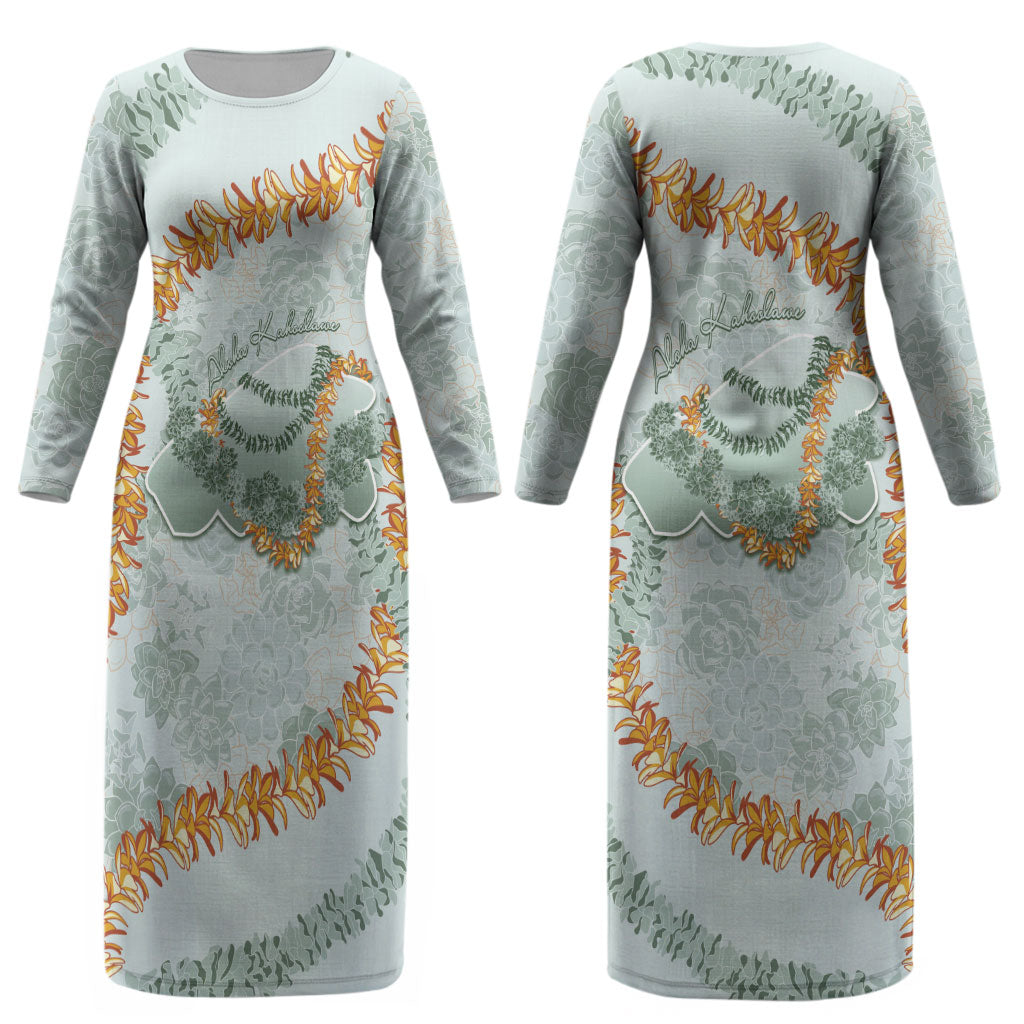 Hawaii Kaho'olawe Island Flowers Lei Couples Matching Long Sleeve Bodycon Dress and Long Sleeve Button Shirt Silver Hinahina Kū Kahakai