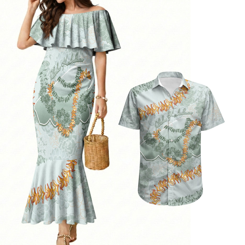 Hawaii Kaho'olawe Island Flowers Lei Couples Matching Mermaid Dress and Hawaiian Shirt Silver Hinahina Kū Kahakai LT7 Silver - Polynesian Pride