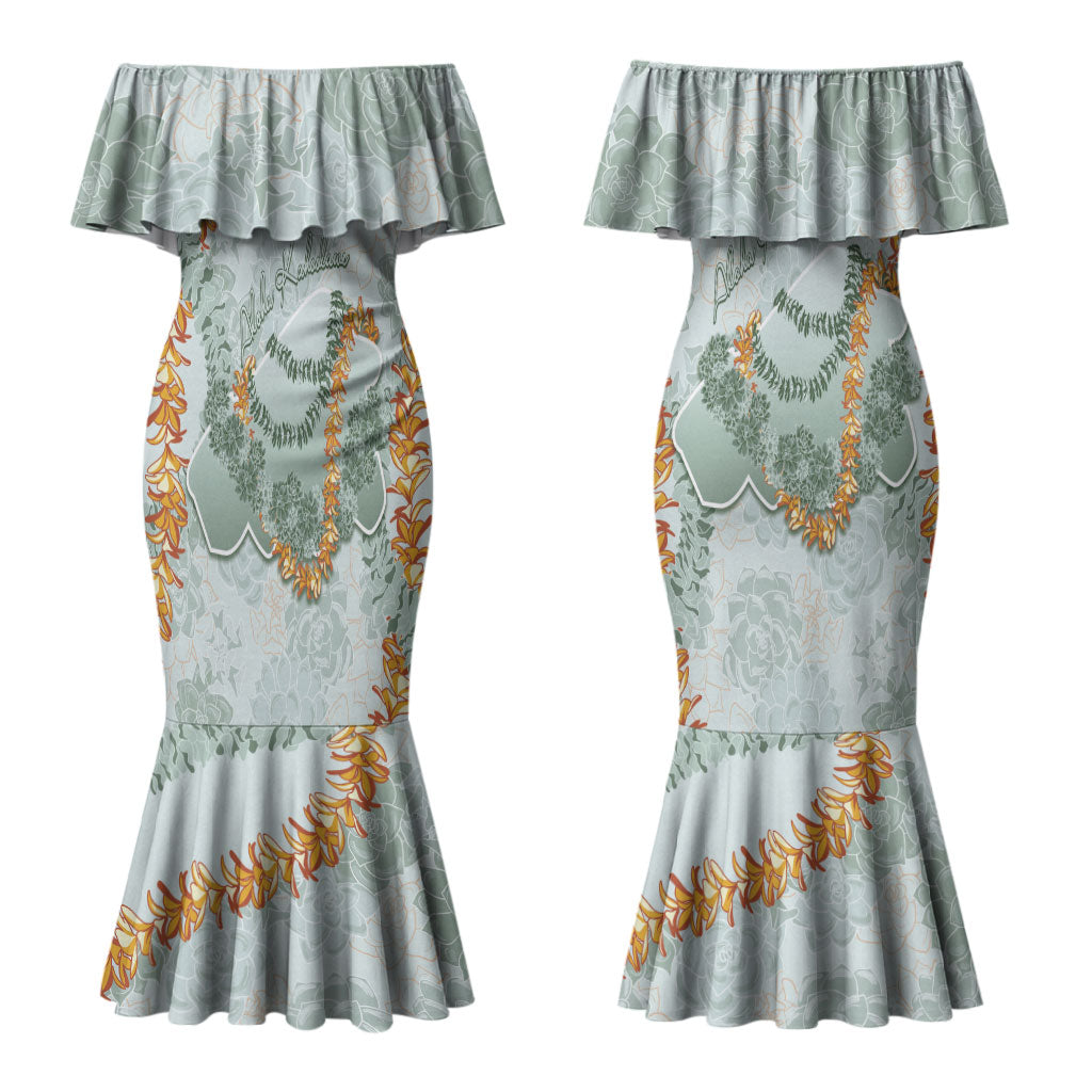 Hawaii Kaho'olawe Island Flowers Lei Couples Matching Mermaid Dress and Long Sleeve Button Shirt Silver Hinahina Kū Kahakai