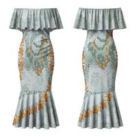 Hawaii Kaho'olawe Island Flowers Lei Couples Matching Mermaid Dress and Long Sleeve Button Shirt Silver Hinahina Kū Kahakai
