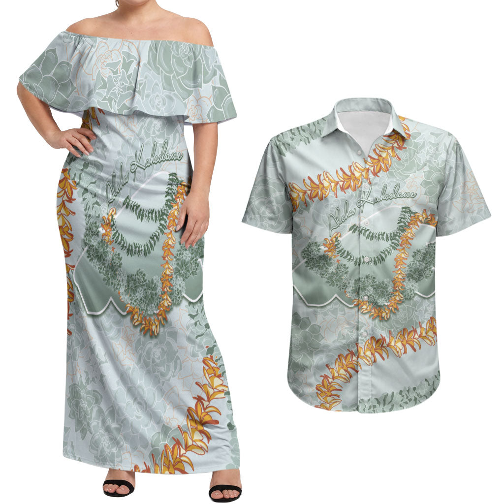 Hawaii Kaho'olawe Island Flowers Lei Couples Matching Off Shoulder Maxi Dress and Hawaiian Shirt Silver Hinahina Kū Kahakai