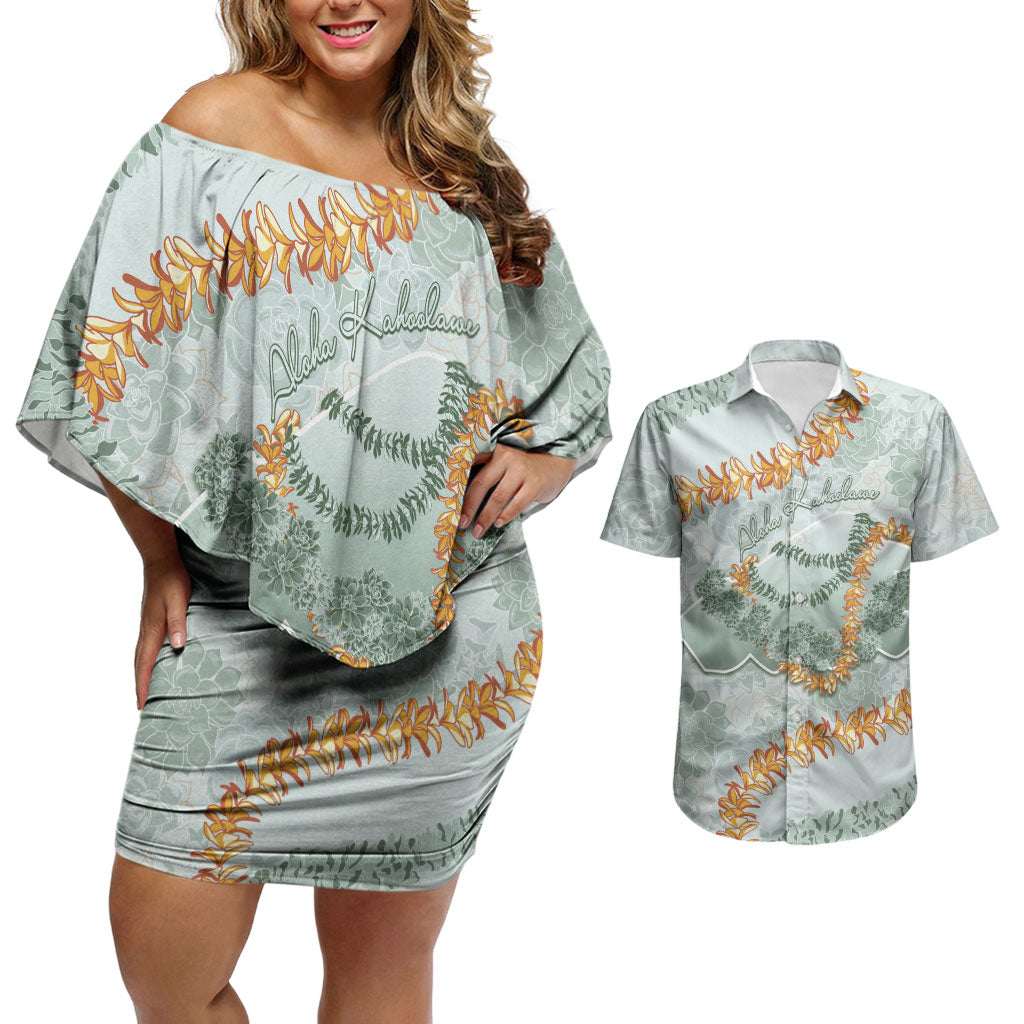 Hawaii Kaho'olawe Island Flowers Lei Couples Matching Off Shoulder Short Dress and Hawaiian Shirt Silver Hinahina Kū Kahakai