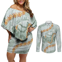Hawaii Kaho'olawe Island Flowers Lei Couples Matching Off Shoulder Short Dress and Long Sleeve Button Shirt Silver Hinahina Kū Kahakai