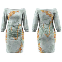 Hawaii Kaho'olawe Island Flowers Lei Couples Matching Off The Shoulder Long Sleeve Dress and Hawaiian Shirt Silver Hinahina Kū Kahakai