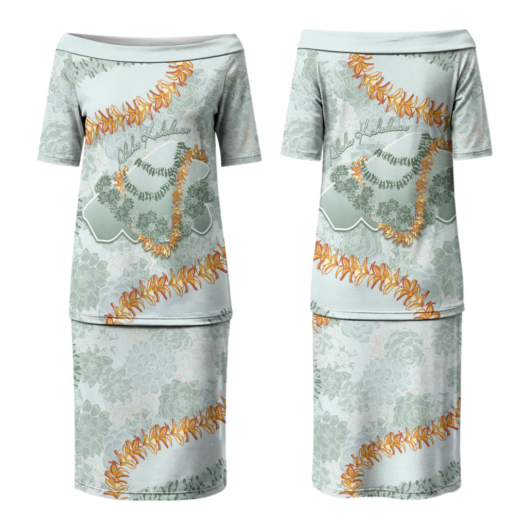 Hawaii Kaho'olawe Island Flowers Lei Couples Matching Puletasi and Long Sleeve Button Shirt Silver Hinahina Kū Kahakai