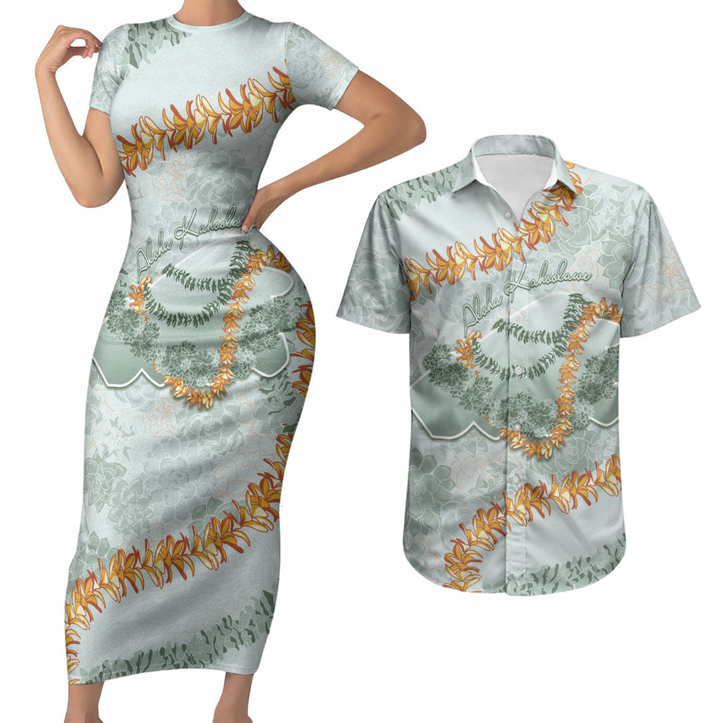Hawaii Kaho'olawe Island Flowers Lei Couples Matching Short Sleeve Bodycon Dress and Hawaiian Shirt Silver Hinahina Kū Kahakai LT7 Silver - Polynesian Pride