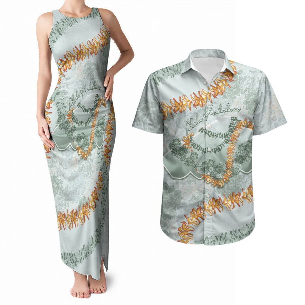 Hawaii Kaho'olawe Island Flowers Lei Couples Matching Tank Maxi Dress and Hawaiian Shirt Silver Hinahina Kū Kahakai