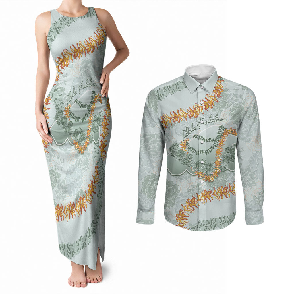 Hawaii Kaho'olawe Island Flowers Lei Couples Matching Tank Maxi Dress and Long Sleeve Button Shirt Silver Hinahina Kū Kahakai