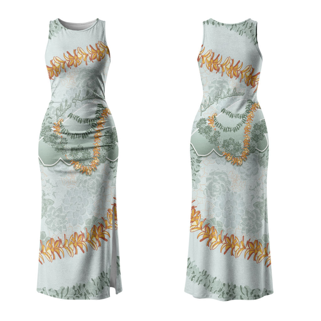 Hawaii Kaho'olawe Island Flowers Lei Couples Matching Tank Maxi Dress and Long Sleeve Button Shirt Silver Hinahina Kū Kahakai