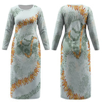 Hawaii Kaho'olawe Island Flowers Lei Family Matching Long Sleeve Bodycon Dress and Hawaiian Shirt Silver Hinahina Kū Kahakai