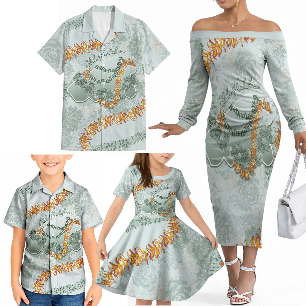 Hawaii Kaho'olawe Island Flowers Lei Family Matching Off The Shoulder Long Sleeve Dress and Hawaiian Shirt Silver Hinahina Kū Kahakai