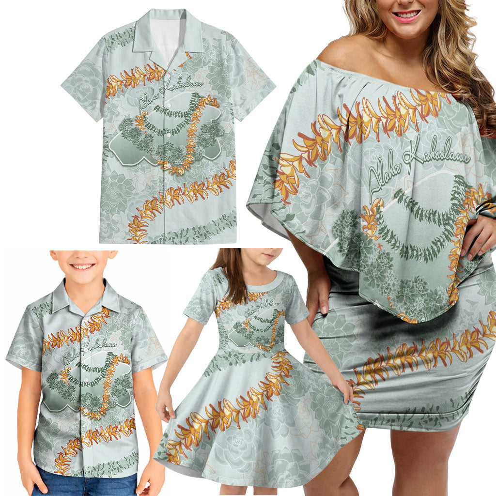 Hawaii Kaho'olawe Island Flowers Lei Family Matching Off Shoulder Short Dress and Hawaiian Shirt Silver Hinahina Kū Kahakai LT7 - Polynesian Pride