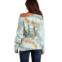 Hawaii Kaho'olawe Island Flowers Lei Off Shoulder Sweater Silver Hinahina Kū Kahakai