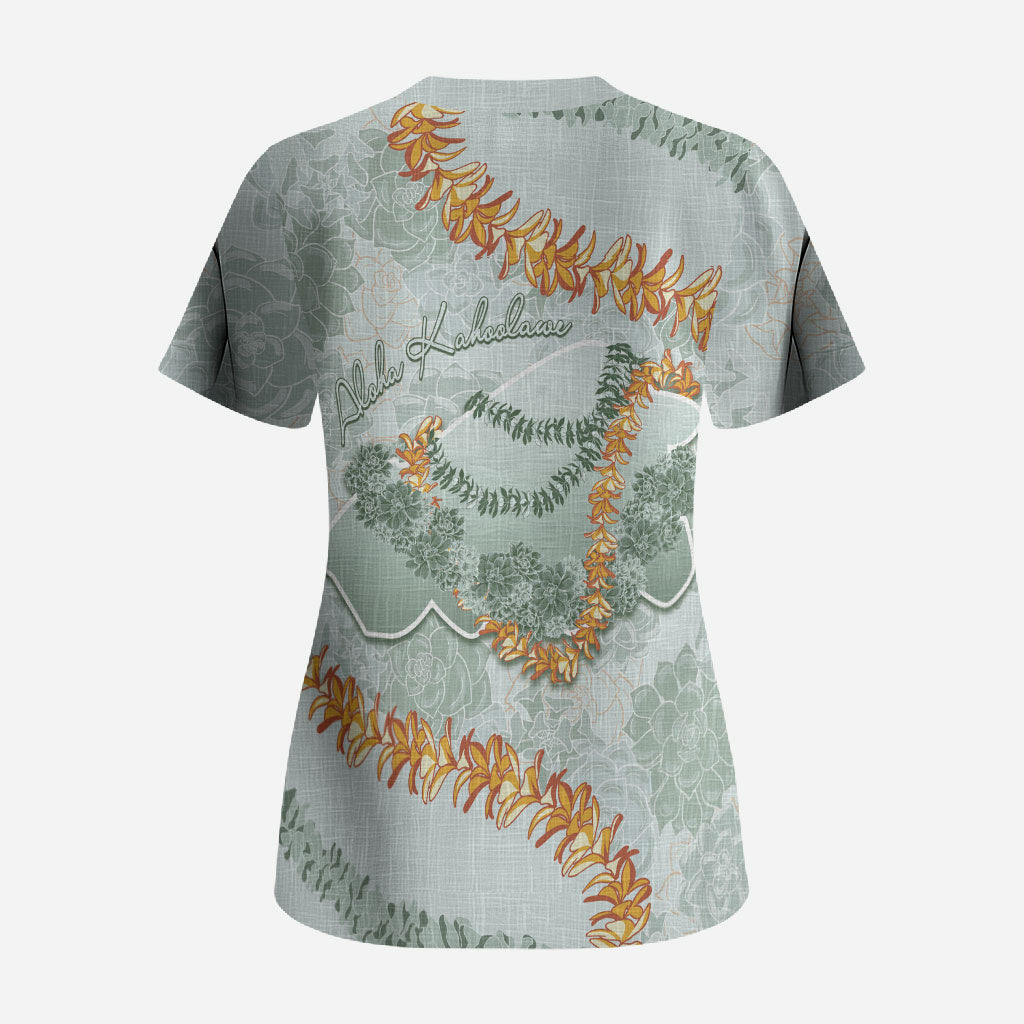 Hawaii Kaho'olawe Island Flowers Lei Scrub Top Silver Hinahina Kū Kahakai
