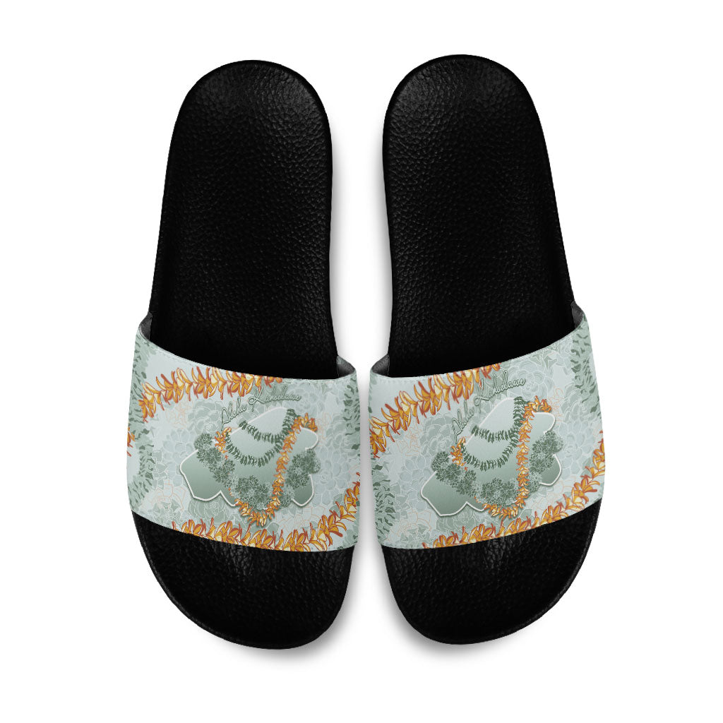 Hawaii Kaho'olawe Island Flowers Lei Slide Sandals Silver Hinahina Kū Kahakai LT7 Silver - Polynesian Pride