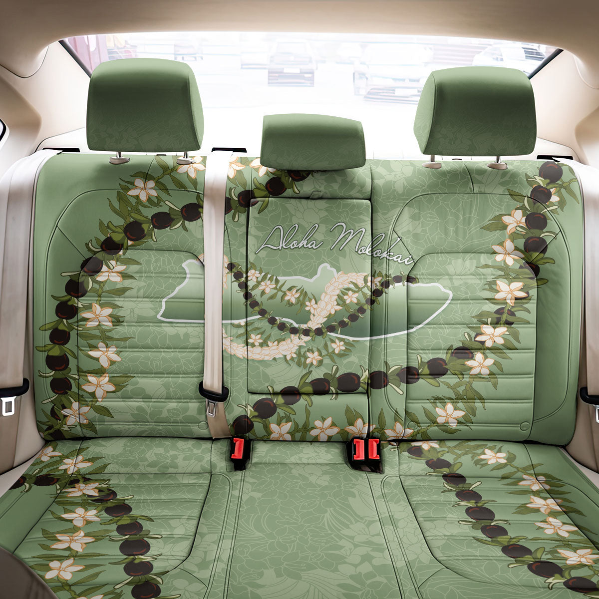 Hawaii Molokai Island Flowers Lei Back Car Seat Cover Kukui Nut Mossy Green