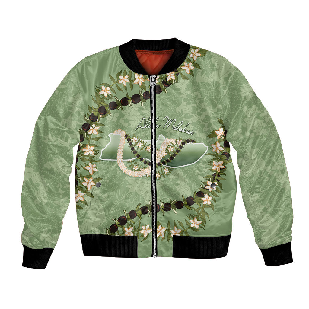 Hawaii Molokai Island Flowers Lei Bomber Jacket Kukui Nut Mossy Green LT7 Unisex Moss Green - Polynesian Pride