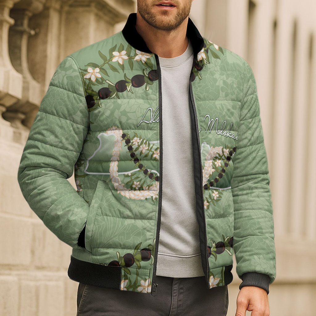 Hawaii Molokai Island Flowers Lei Bomber Puffer Jacket Kukui Nut Mossy Green