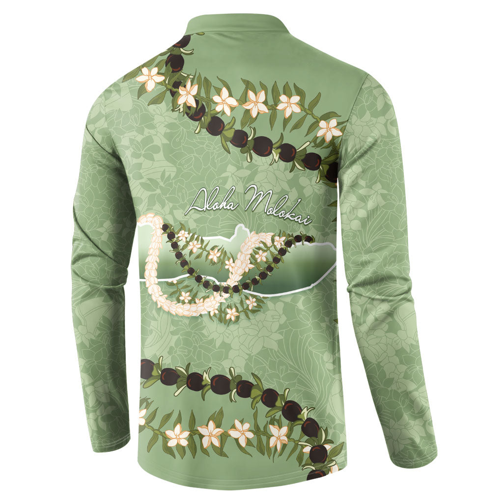 Hawaii Molokai Island Flowers Lei Button Sweatshirt Kukui Nut Mossy Green