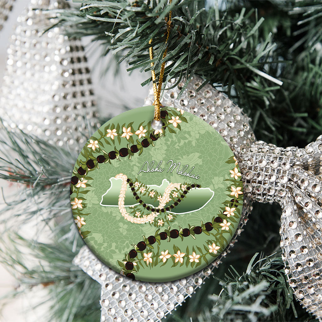 Hawaii Molokai Island Flowers Lei Ceramic Ornament Kukui Nut Mossy Green LT7 - Polynesian Pride