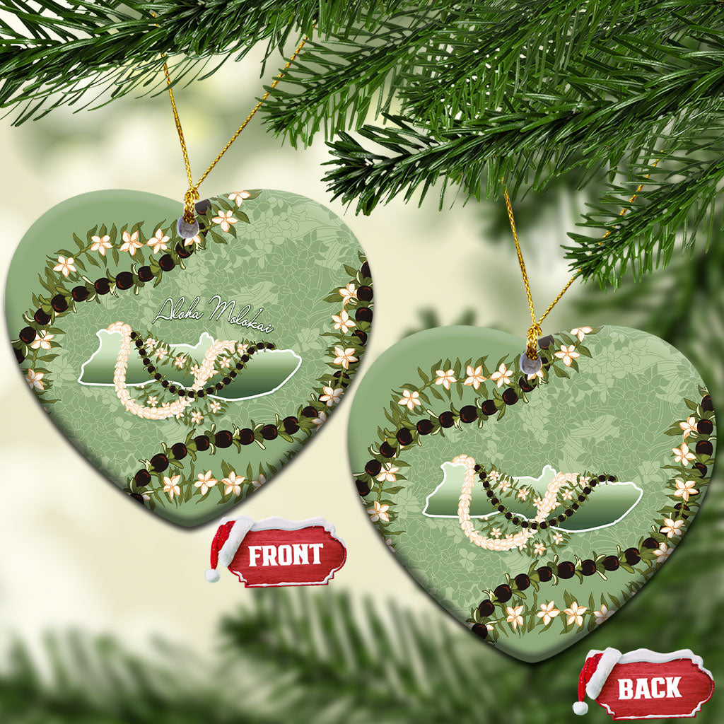 Hawaii Molokai Island Flowers Lei Ceramic Ornament Kukui Nut Mossy Green LT7 Heart Moss Green - Polynesian Pride