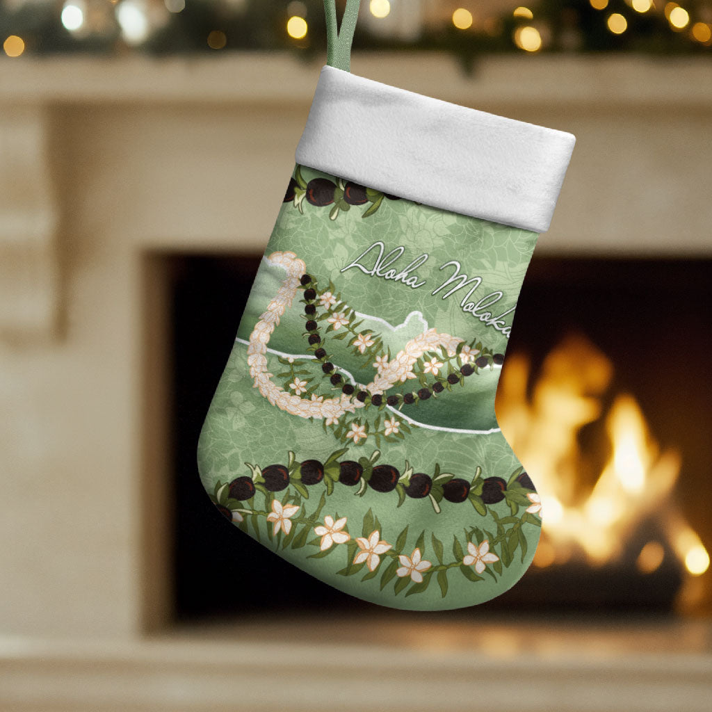 Hawaii Molokai Island Flowers Lei Christmas Stocking Kukui Nut Mossy Green