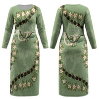 Hawaii Molokai Island Flowers Lei Couples Matching Long Sleeve Bodycon Dress and Long Sleeve Button Shirt Kukui Nut Mossy Green