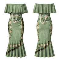 Hawaii Molokai Island Flowers Lei Couples Matching Mermaid Dress and Hawaiian Shirt Kukui Nut Mossy Green