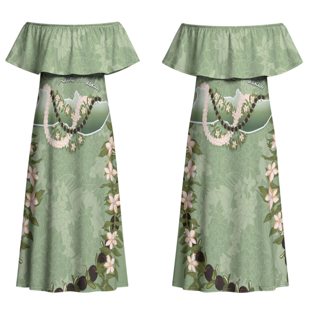 Hawaii Molokai Island Flowers Lei Couples Matching Off Shoulder Maxi Dress and Hawaiian Shirt Kukui Nut Mossy Green